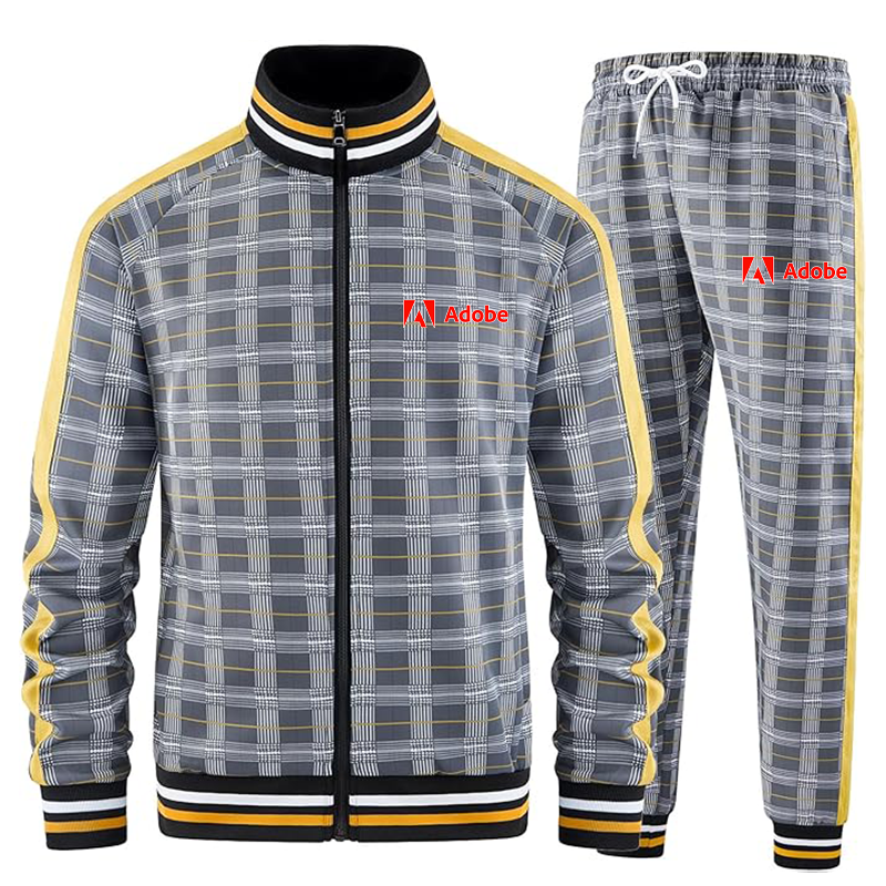 Men's Adobe Corporate   Tracksuits Full-zip Long Sleeve Plaid Track Jackets and Pants 2 Piece