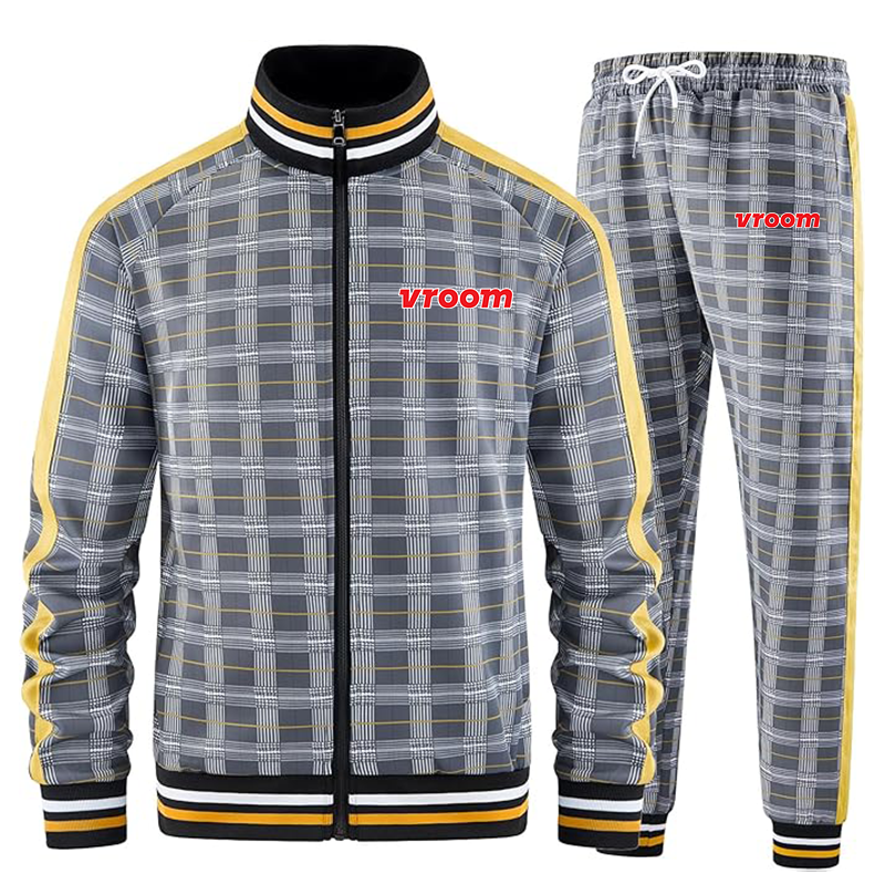 Men's Vroom Tracksuits Full-zip Long Sleeve Plaid Track Jackets and Pants 2 Piece