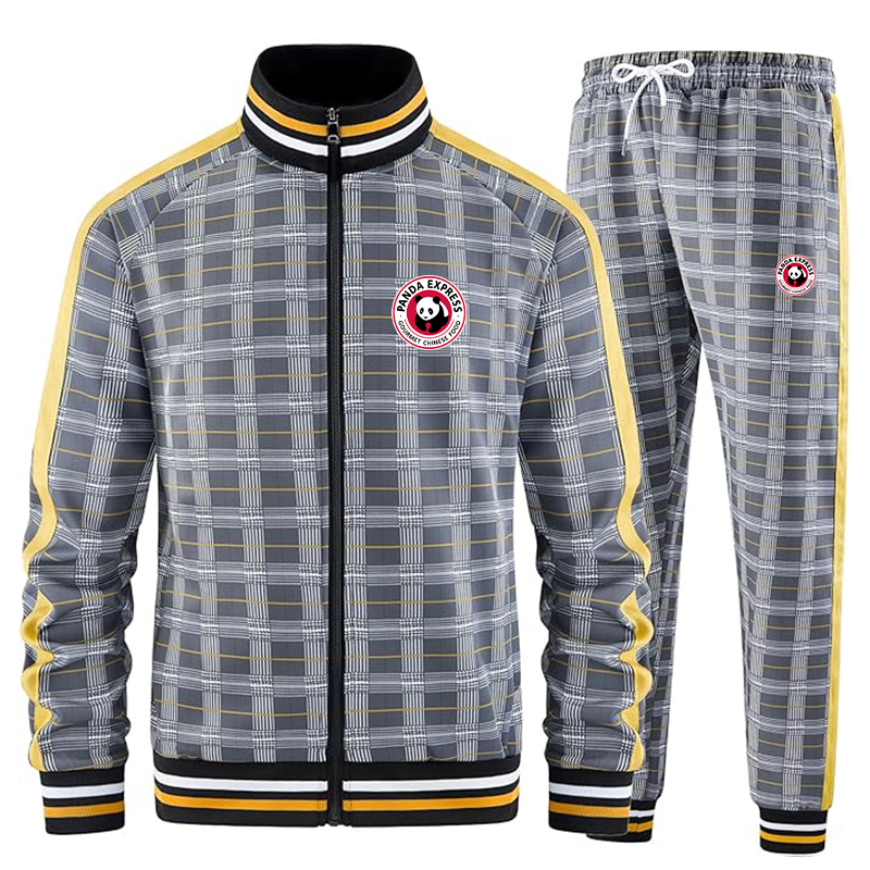 Men's Panda Express Tracksuits Full-zip Long Sleeve Plaid Track Jackets and Pants 2 Piece