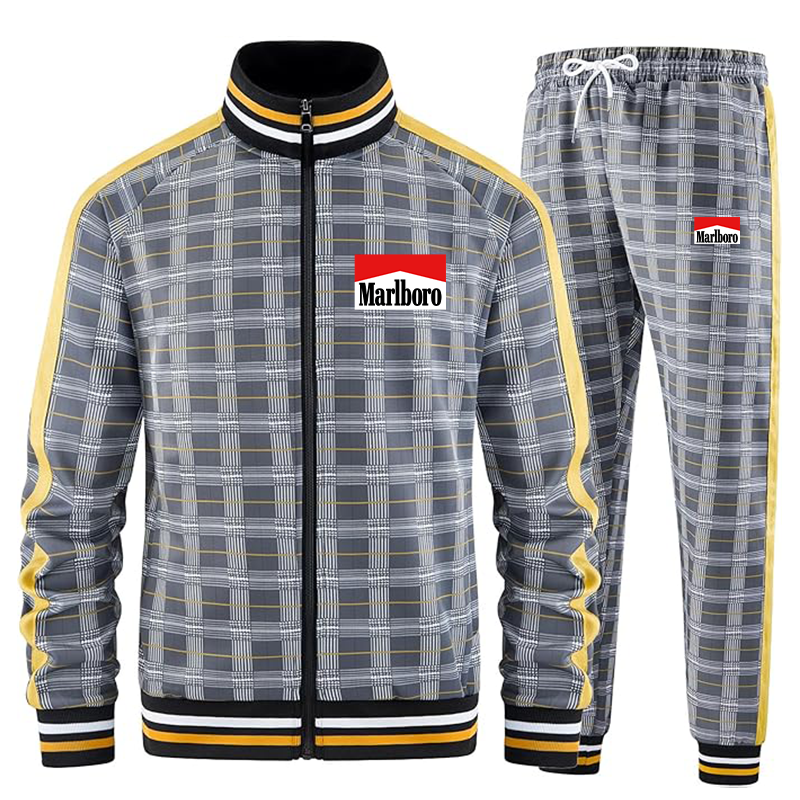 Men's Marlboro Tracksuits Full-zip Long Sleeve Plaid Track Jackets and Pants 2 Piece