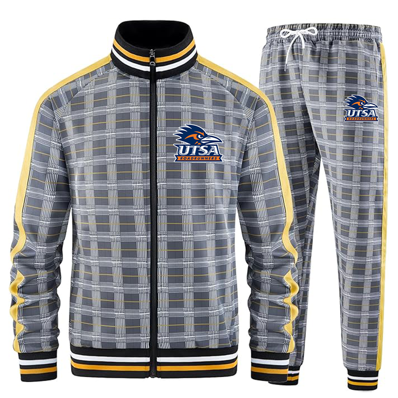 Men's Texas SA Roadrunners Tracksuits Full-zip Long Sleeve Plaid Track Jackets and Pants 2 Piece