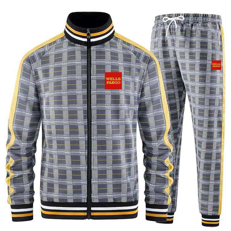 Men's Wells Fargo Tracksuits Full-zip Long Sleeve Plaid Track Jackets and Pants 2 Piece