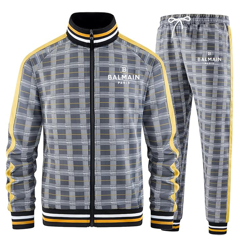 Men's Balmain Paris Tracksuits Full-zip Long Sleeve Plaid Track Jackets and Pants 2 Piece