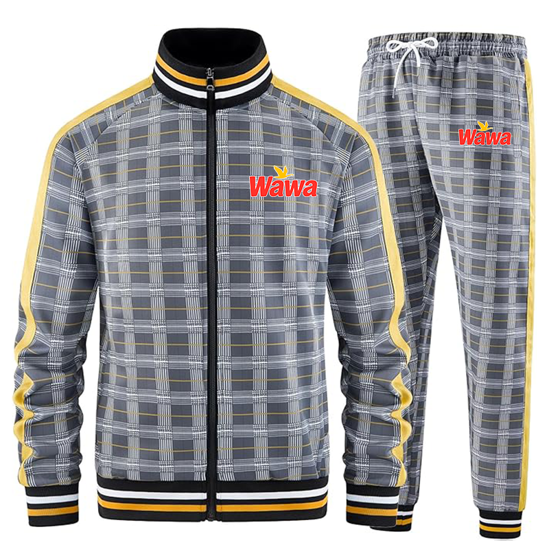 Men's Wawa Gas Station Tracksuits Full-zip Long Sleeve Plaid Track Jackets and Pants 2 Piece