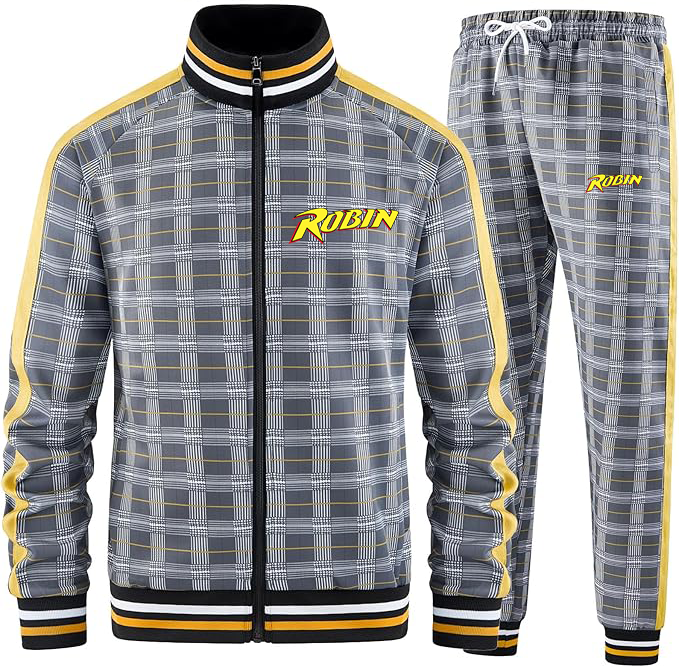 Men's Robin  Tracksuits Full-zip Long Sleeve Plaid Track Jackets and Pants 2 Piece