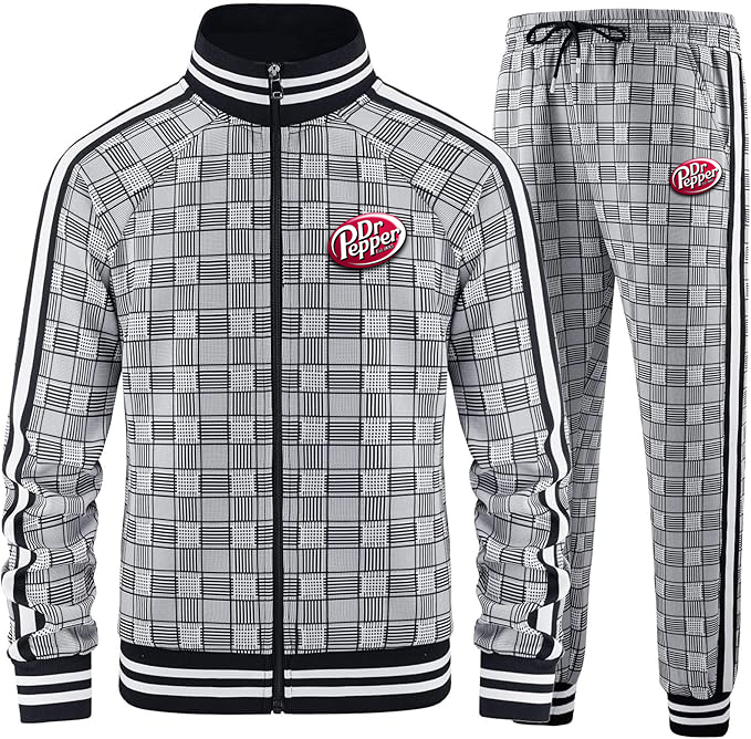 Men's Dr.Pepper Tracksuits Full-zip Long Sleeve Plaid Track Jackets and Pants 2 Piece