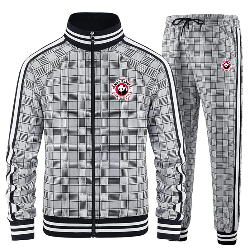 Men's Panda Express Tracksuits Full-zip Long Sleeve Plaid Track Jackets and Pants 2 Piece