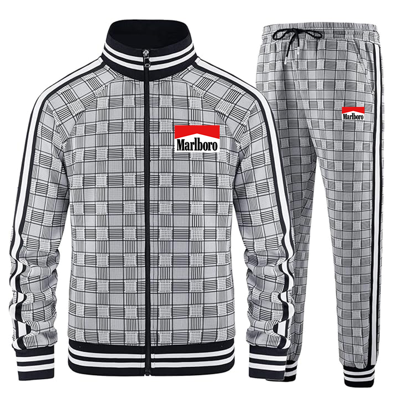 Men's Marlboro Tracksuits Full-zip Long Sleeve Plaid Track Jackets and Pants 2 Piece