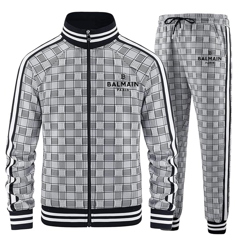 Men's Balmain Paris Tracksuits Full-zip Long Sleeve Plaid Track Jackets and Pants 2 Piece