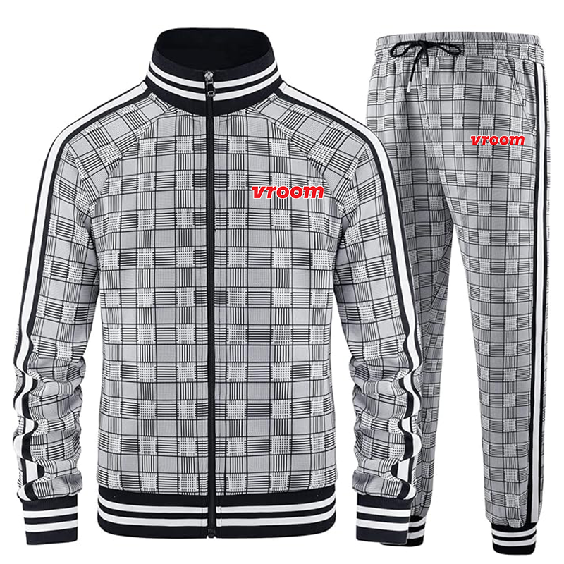 Men's Vroom Tracksuits Full-zip Long Sleeve Plaid Track Jackets and Pants 2 Piece