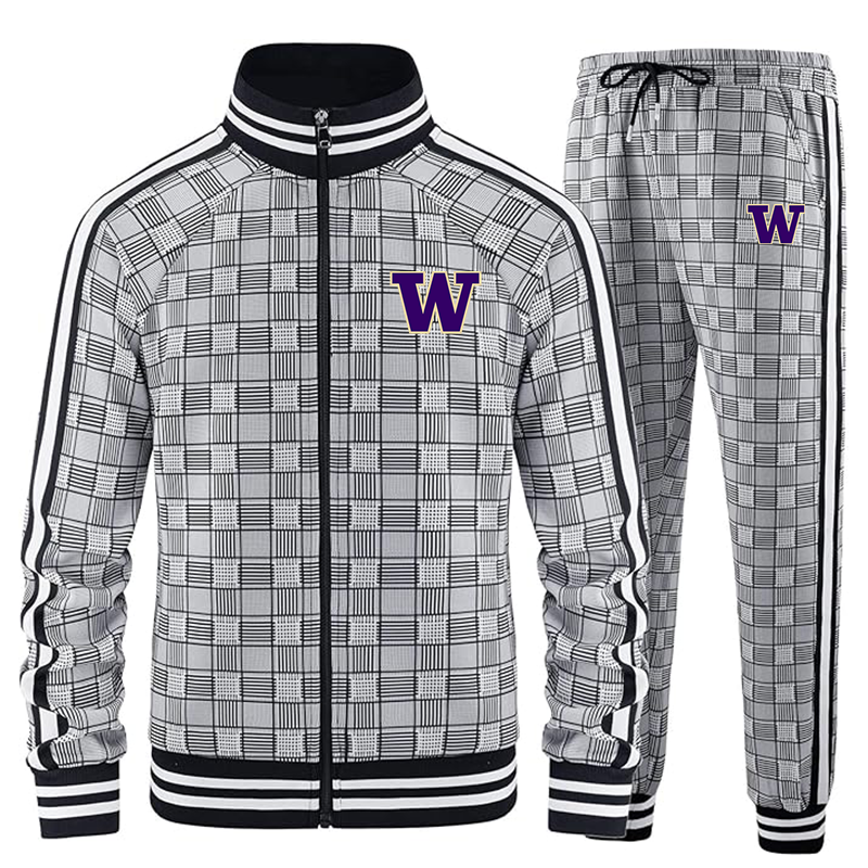 Men's Washington Huskies Tracksuits Full-zip Long Sleeve Plaid Track Jackets and Pants 2 Piece