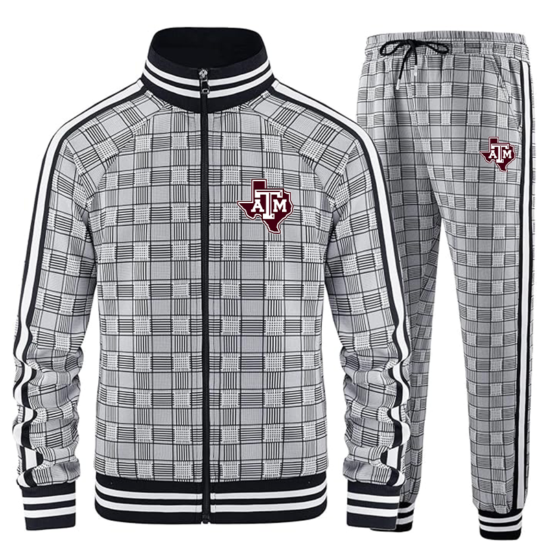 Men's Texas AM Aggies Tracksuits Full-zip Long Sleeve Plaid Track Jackets and Pants 2 Piece