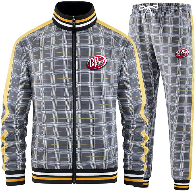 Men's Dr.Pepper Tracksuits Full-zip Long Sleeve Plaid Track Jackets and Pants 2 Piece