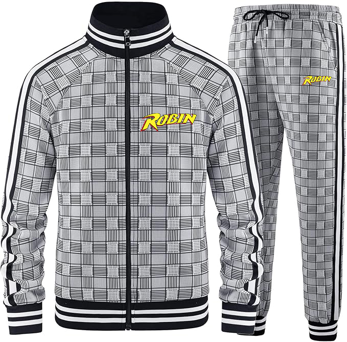 Men's Robin  Tracksuits Full-zip Long Sleeve Plaid Track Jackets and Pants 2 Piece