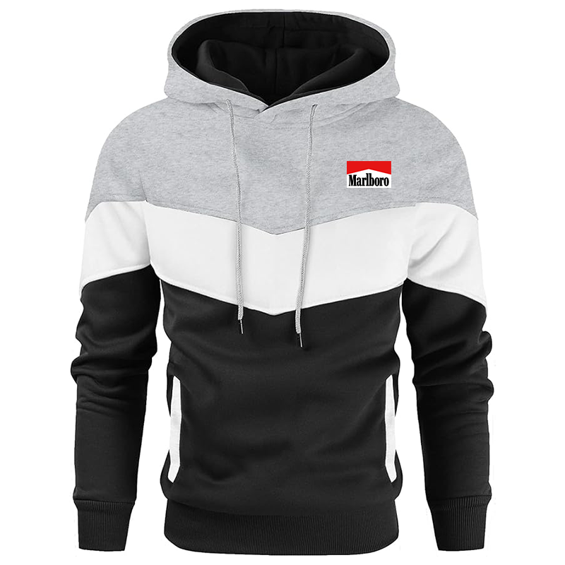 Men's Marlboro Gesean Novelty Color Block Pullover Fleece Hoodie Long Sleeve Casual Sweatshirt with Pocket