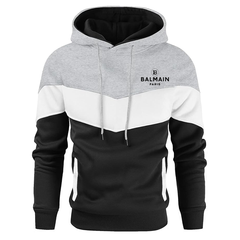 Men's Balmain Paris Gesean Novelty Color Block Pullover Fleece Hoodie Long Sleeve Casual Sweatshirt with Pocket