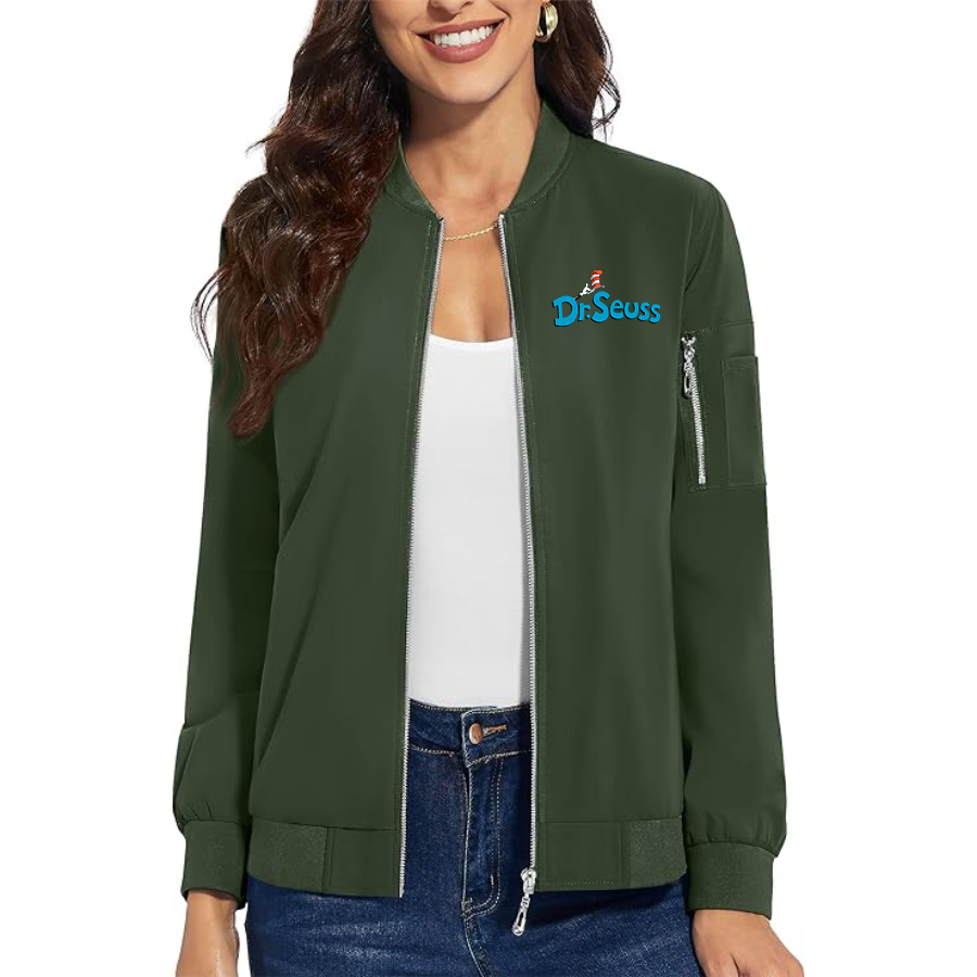 Women's Dr. Seuss Premium Bomber Jacket with Polished Detailing and Functional Sleeve Pocket Modern Luxury Outerwear