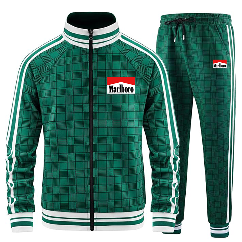 Men's Marlboro Tracksuits Full-zip Long Sleeve Plaid Track Jackets and Pants 2 Piece