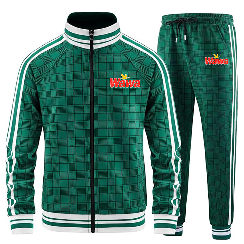 Men's Wawa Gas Station Tracksuits Full-zip Long Sleeve Plaid Track Jackets and Pants 2 Piece