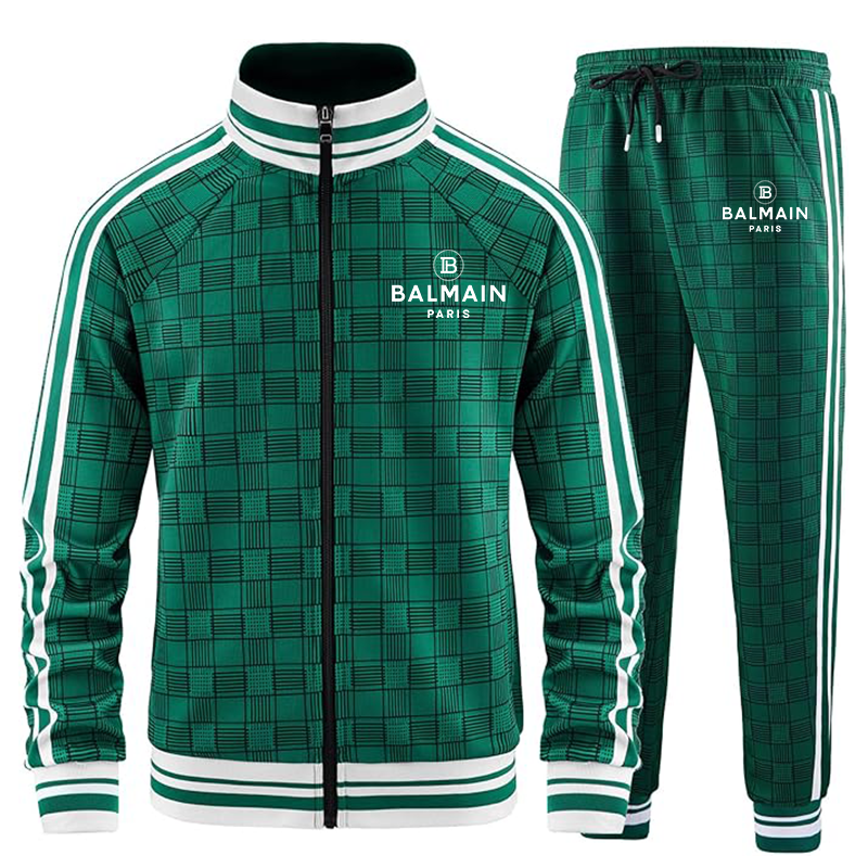 Men's Balmain Paris Tracksuits Full-zip Long Sleeve Plaid Track Jackets and Pants 2 Piece