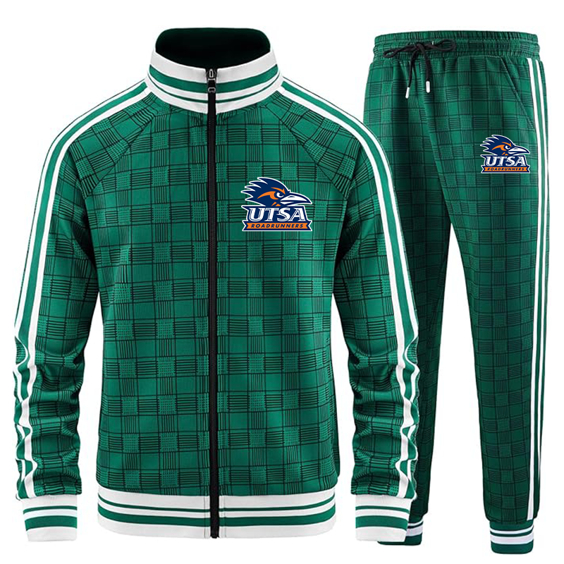 Men's Texas SA Roadrunners Tracksuits Full-zip Long Sleeve Plaid Track Jackets and Pants 2 Piece