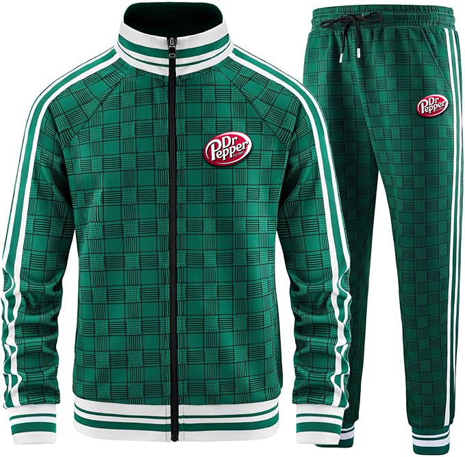 Men's Dr.Pepper Tracksuits Full-zip Long Sleeve Plaid Track Jackets and Pants 2 Piece