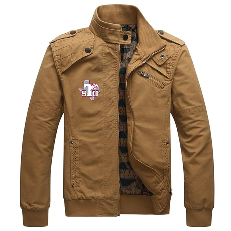 Men's Texas Southern Tigers Dwar Casual Washed Cotton Military Outdoor Jackets with Shoulder Straps