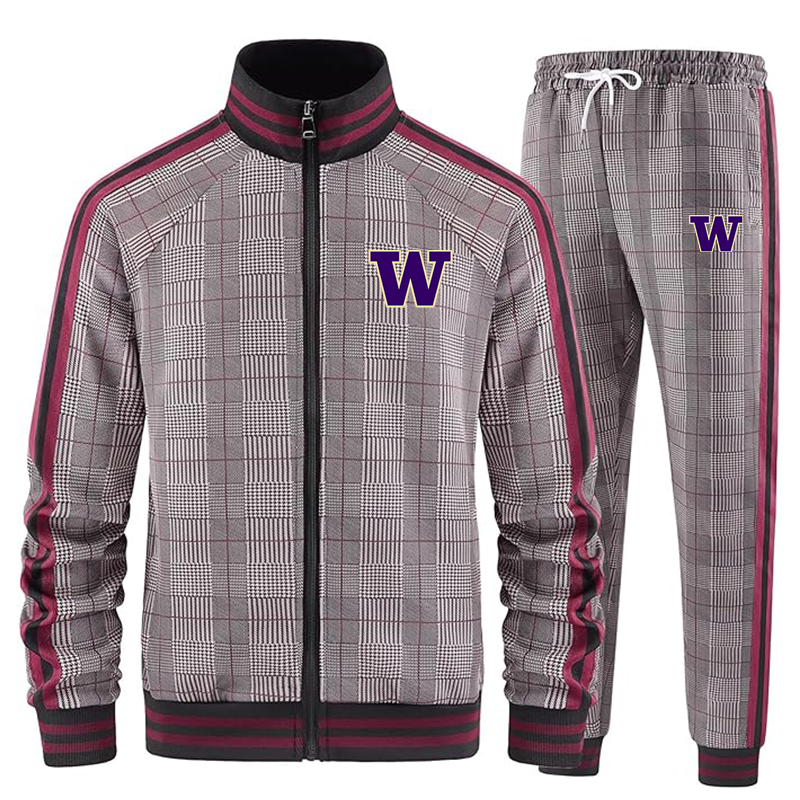 Men's Washington Huskies Tracksuits Full-zip Long Sleeve Plaid Track Jackets and Pants 2 Piece