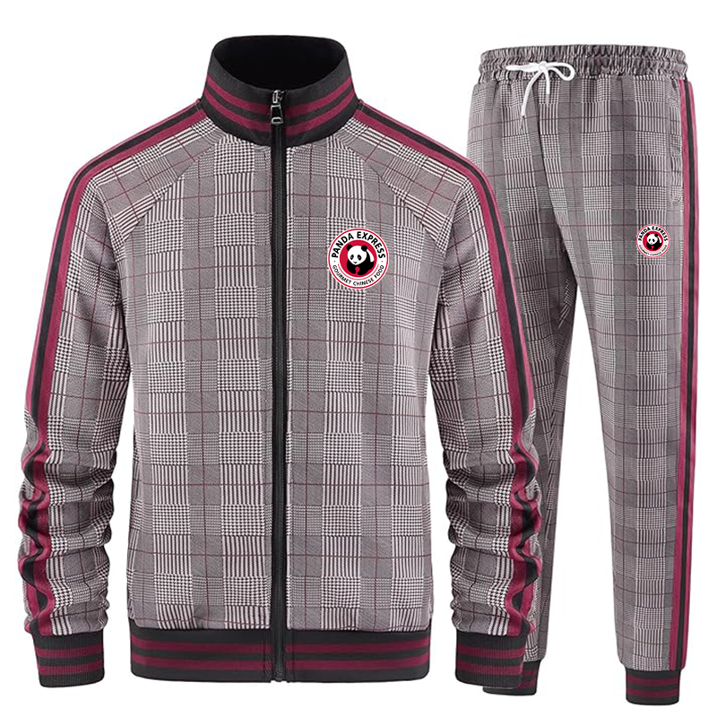 Men's Panda Express Tracksuits Full-zip Long Sleeve Plaid Track Jackets and Pants 2 Piece