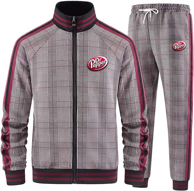 Men's Dr.Pepper Tracksuits Full-zip Long Sleeve Plaid Track Jackets and Pants 2 Piece