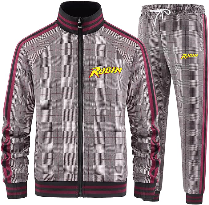 Men's Robin  Tracksuits Full-zip Long Sleeve Plaid Track Jackets and Pants 2 Piece