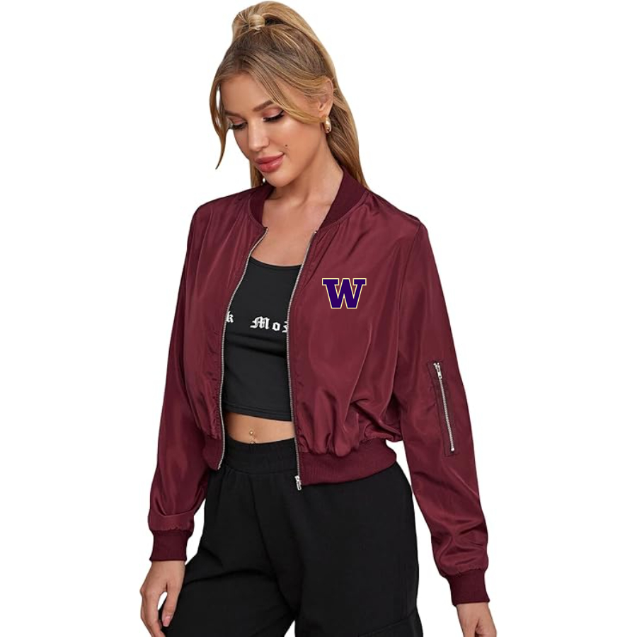 Women's Washington Huskies Lightweight Bomber Biker Jacket Zip up Windbreaker Crop Bomber Jacket Coat