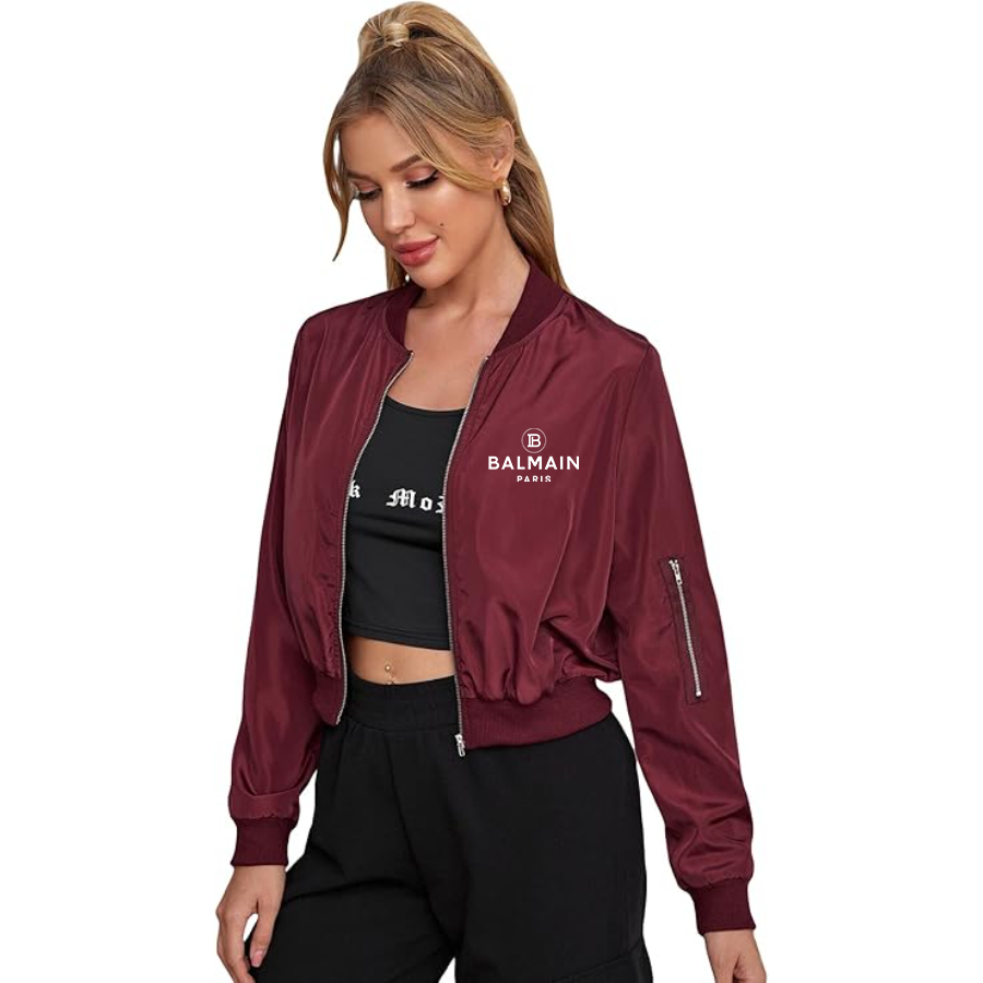 Women's Balmain Paris  Lightweight Bomber Biker Jacket Zip up Windbreaker Crop Bomber Jacket Coat