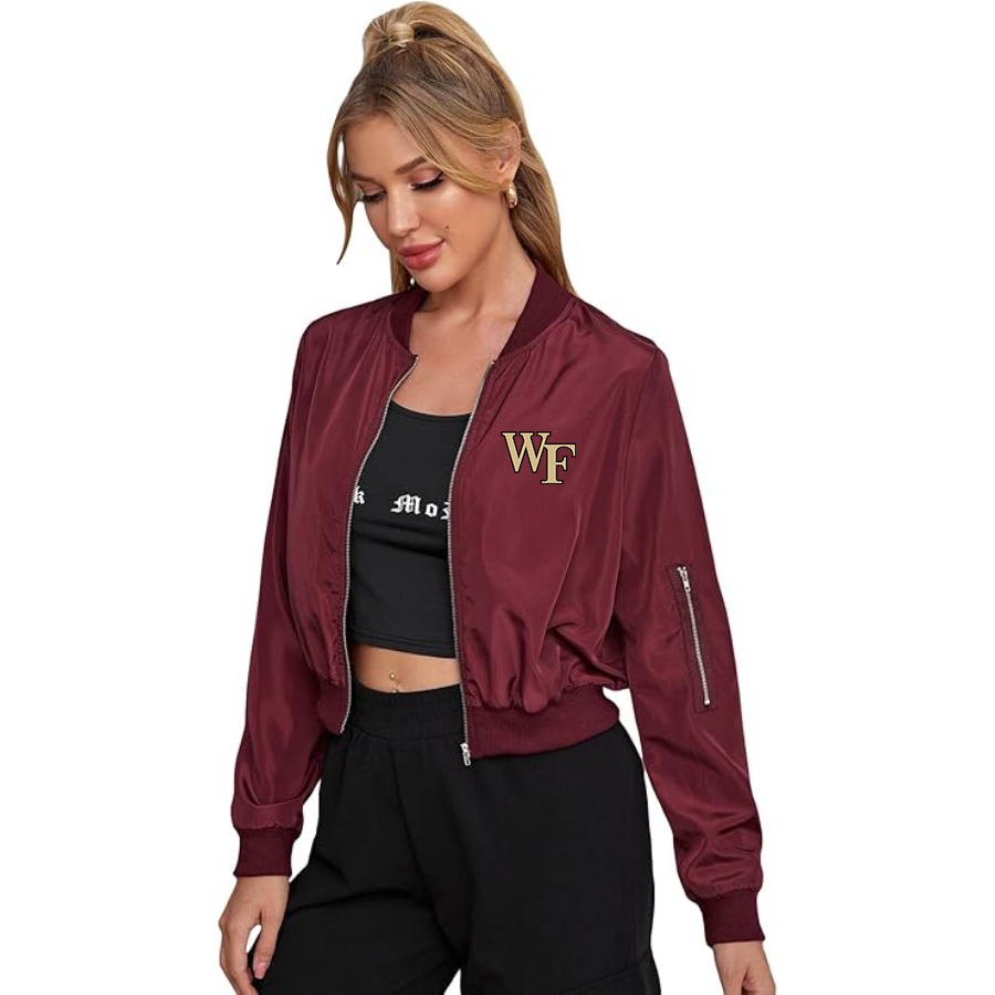 Women's  Wake Forest Demon Deacons Lightweight Bomber Biker Jacket Zip up Windbreaker Crop Bomber Jacket Coat