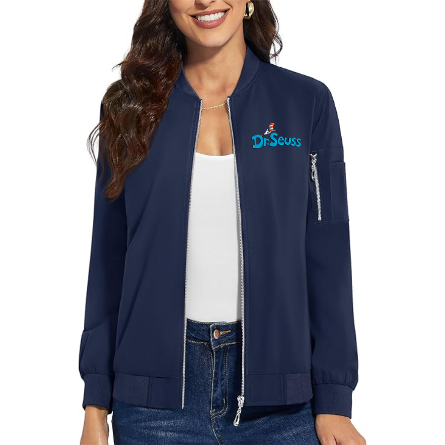 Women's Dr. Seuss Premium Bomber Jacket with Polished Detailing and Functional Sleeve Pocket Modern Luxury Outerwear