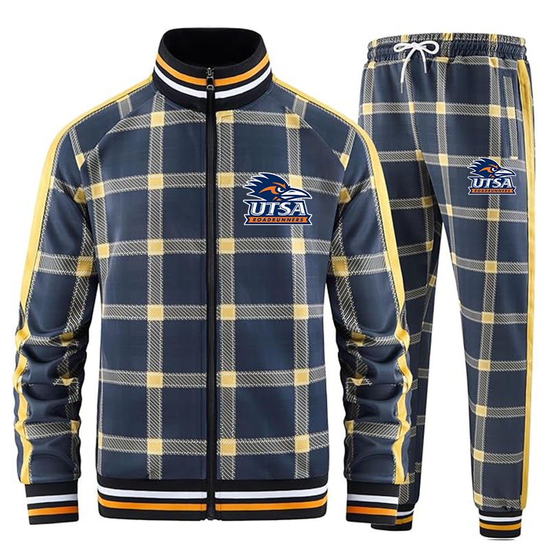 Men's Texas SA Roadrunners Tracksuits Full-zip Long Sleeve Plaid Track Jackets and Pants 2 Piece