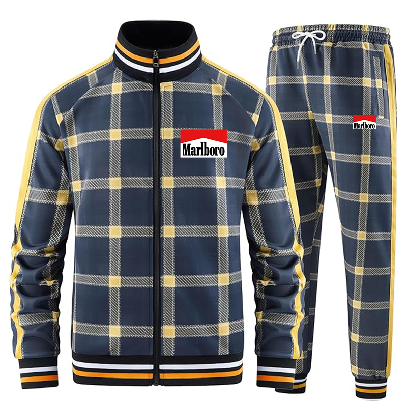 Men's Marlboro Tracksuits Full-zip Long Sleeve Plaid Track Jackets and Pants 2 Piece