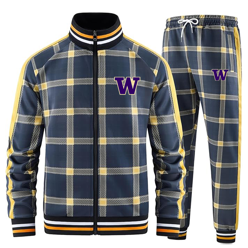 Men's Washington Huskies Tracksuits Full-zip Long Sleeve Plaid Track Jackets and Pants 2 Piece