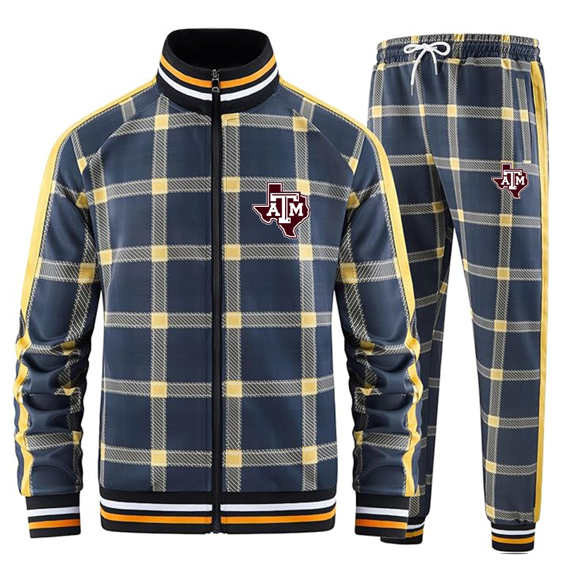 Men's Texas AM Aggies Tracksuits Full-zip Long Sleeve Plaid Track Jackets and Pants 2 Piece