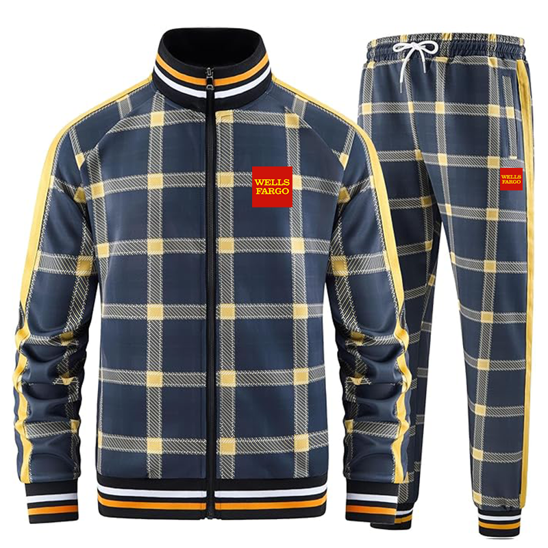 Men's Wells Fargo Tracksuits Full-zip Long Sleeve Plaid Track Jackets and Pants 2 Piece