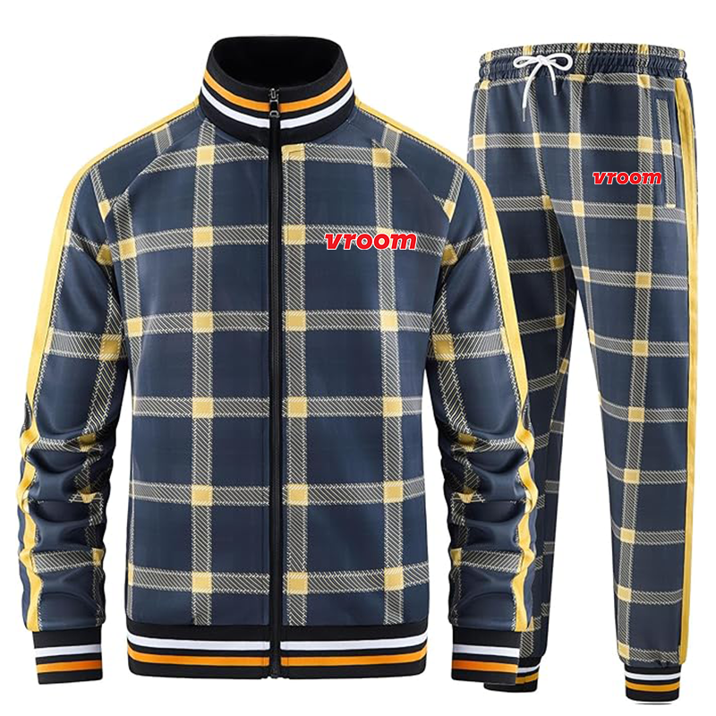 Men's Vroom Tracksuits Full-zip Long Sleeve Plaid Track Jackets and Pants 2 Piece