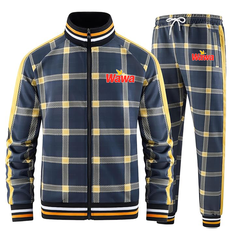 Men's Wawa Gas Station Tracksuits Full-zip Long Sleeve Plaid Track Jackets and Pants 2 Piece