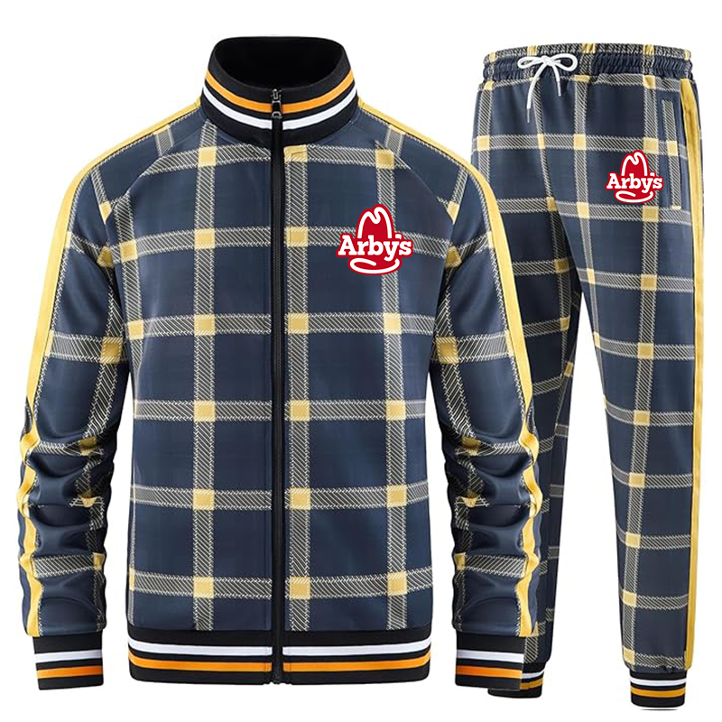 Men's Arbys Tracksuits Full-zip Long Sleeve Plaid Track Jackets and Pants 2 Piece