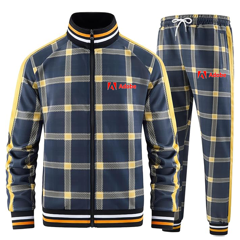 Men's Adobe Corporate   Tracksuits Full-zip Long Sleeve Plaid Track Jackets and Pants 2 Piece