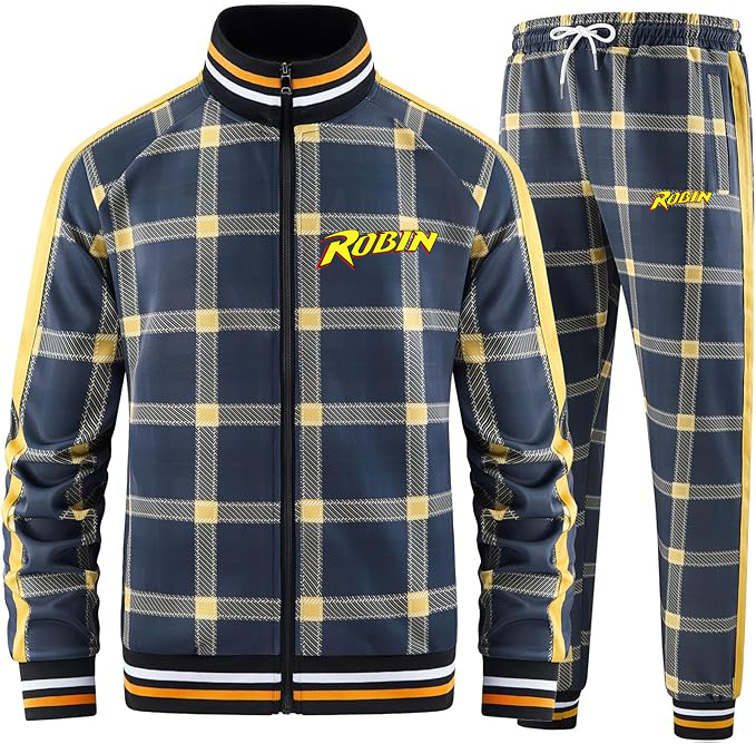 Men's Robin  Tracksuits Full-zip Long Sleeve Plaid Track Jackets and Pants 2 Piece