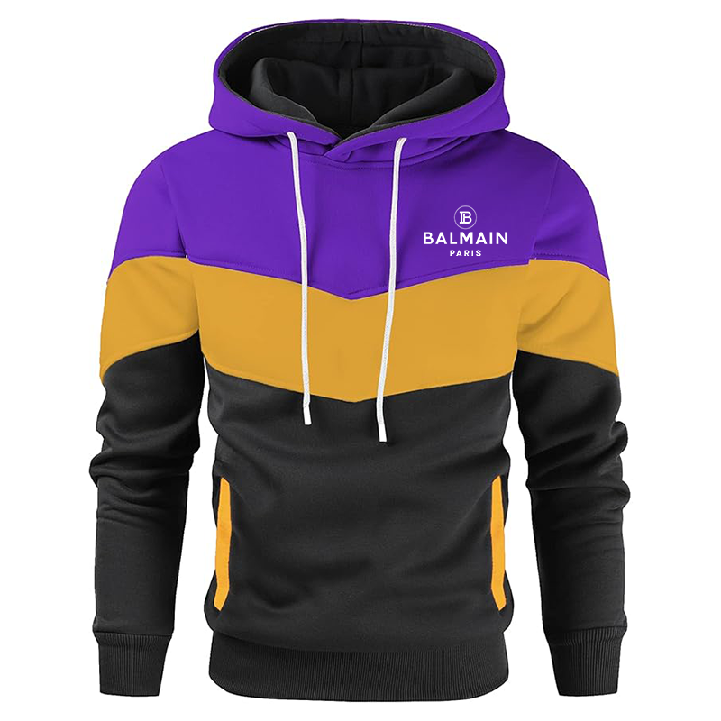 Men's Balmain Paris Gesean Novelty Color Block Pullover Fleece Hoodie Long Sleeve Casual Sweatshirt with Pocket