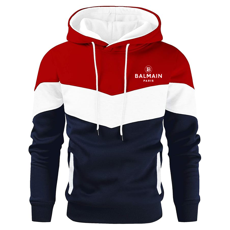 Men's Balmain Paris Gesean Novelty Color Block Pullover Fleece Hoodie Long Sleeve Casual Sweatshirt with Pocket