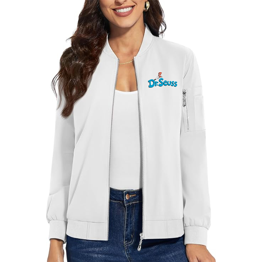 Women's Dr. Seuss Premium Bomber Jacket with Polished Detailing and Functional Sleeve Pocket Modern Luxury Outerwear