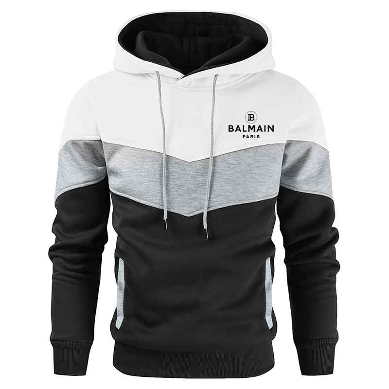 Men's Balmain Paris Gesean Novelty Color Block Pullover Fleece Hoodie Long Sleeve Casual Sweatshirt with Pocket