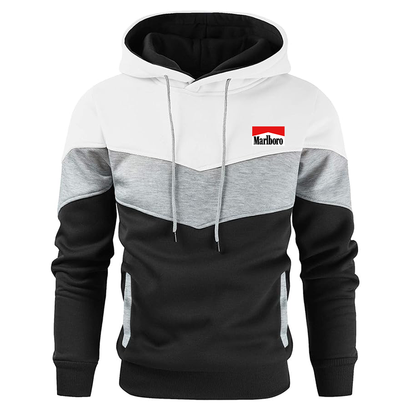 Men's Marlboro Gesean Novelty Color Block Pullover Fleece Hoodie Long Sleeve Casual Sweatshirt with Pocket